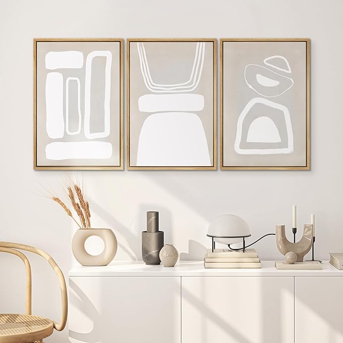 SIGNWIN Framed Canvas Print Wall Art Set Mid-Century Boho Geometric Polygons Abstract Shapes Cozy Neutral Decorative Contemporary Minimal for Living Room, Bedroom, Office - 24"x36"x3 Natural
