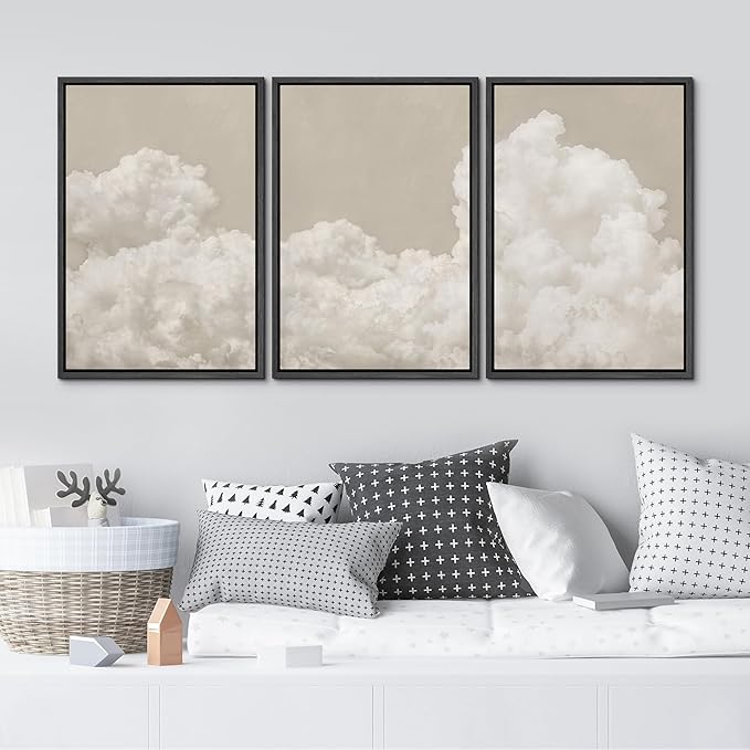 MUDECOR Framed Wall Art Print Set Serene Sky Filled with Fluffy Clouds Illustrations Modern Art Decorative Colorful Chic for Living Room, Bedroom, Office - 24"x36"x3 Black
