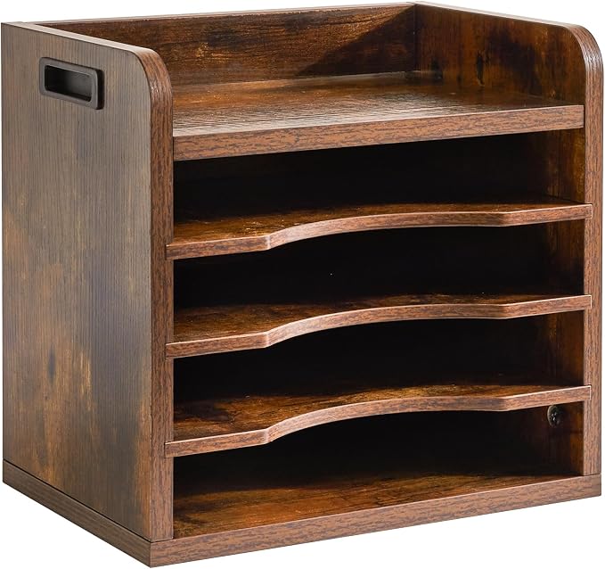 YMYNY Desktop File Organizer with Handle, Document Letter Mail Tray Sorter with 3 Adjustable Shelves, 5 Tiers Paper Holder for School Home Office Desk, Rustic Brown,13.4 * 12.4 * 9.06" UHBC006H