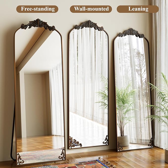 HARRITPURE Vintage Full Length Mirror - 64"x21" Arched Large Floor Standing Mirrors, Baroque Carved Aluminum Frame for Bedroom, Living Room, Entryway,Bronze