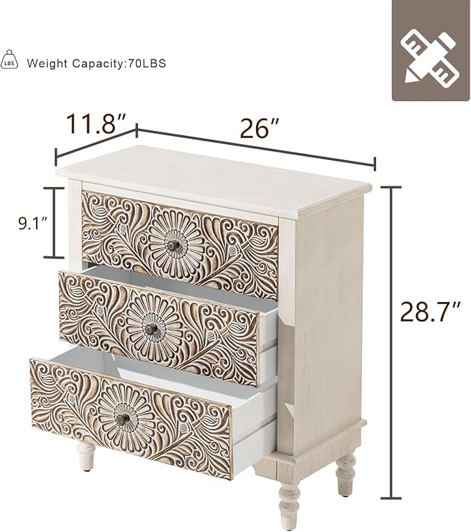 HOMPUS Farmhouse 3-Drawer Dresser with Flower Pattern, Night Stand with 3 Storage Drawers, Fully Assembled Nightstand for Boho, Accent End Table, Chest of Drawers for Entryway, Bedroom, Distress White