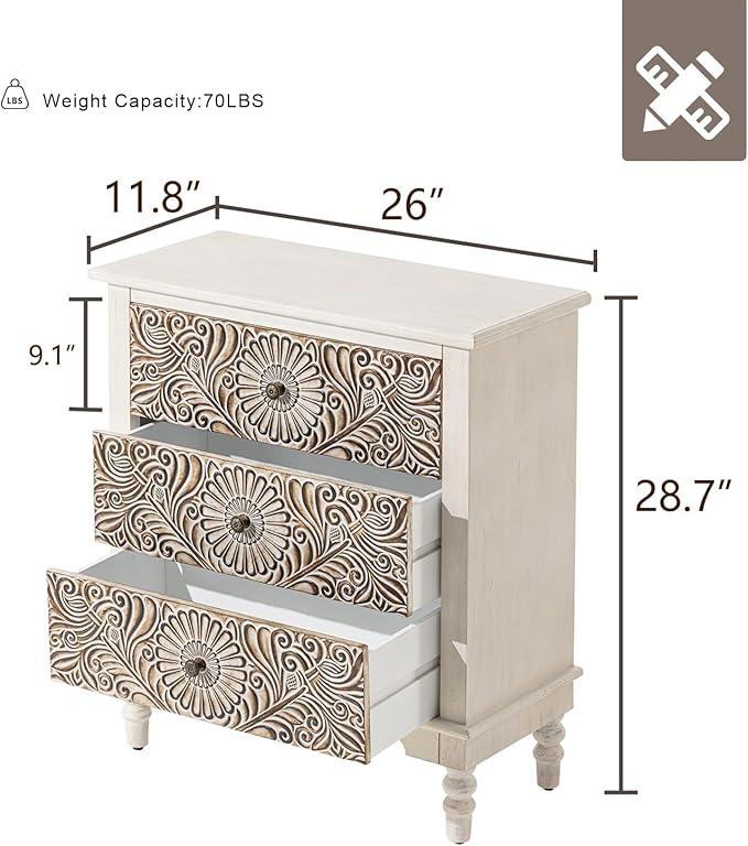 HOMPUS Nightstands Set of 2, White Nightstand with 3 Storage Drawers, Night Stand w Flower Pattern, Bedside Table Set of 2, Accent Table for Bedroom, Apartment, Light Grey Grain