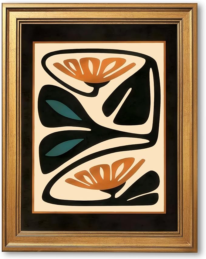 Vintage Gold Framed Abstract Floral Wall Art Mid Century Modern Botanical Poster Darkness Geometric Canvas Painting Print Retro Minimalist Home Decor for Bedroom Office 16x24inch