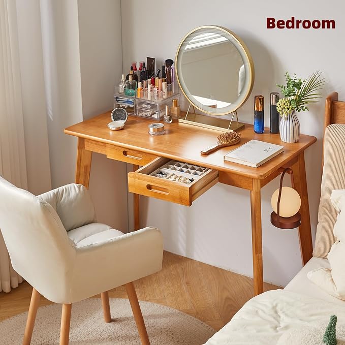 Aibiju Wooden Computer Desk with Drawer and Hanging Rod, Modern Minimalist Style PC Laptop Computer Workbench with Solid Wood, 47" Home Office Work Table, Cherry Wood Color YD-WD03N