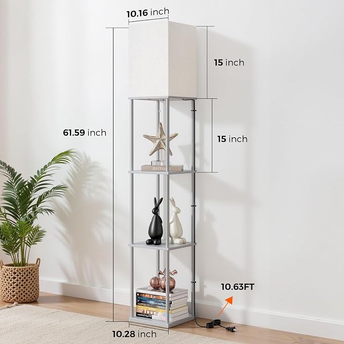 FOLKSMATE Floor Lamp with Shelves, 3-Tier Modern Square Bookshelf Floor Lamp, 3 Color Temperature Bulb Included, Floor Lamps for Living Room Bedroom Corner - Grey