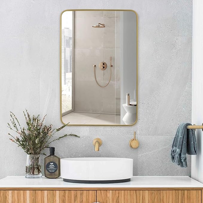 Gold Wall Mirror for Bathroom 30X42 Inch Stainless Steel Metal Frame Bathroom Vanity Mirror Rounded Rectangle Mirror Rustproof for Entryway, Living Room Hangs Vertically or Horizontally