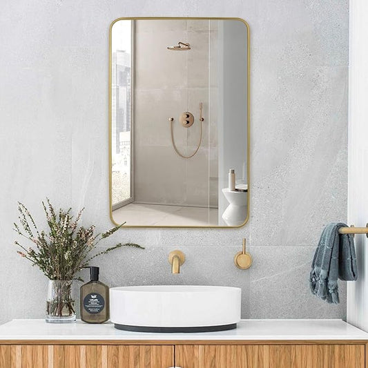 Gold Wall Mirror for Bathroom 30X42 Inch Stainless Steel Metal Frame Bathroom Vanity Mirror Rounded Rectangle Mirror Rustproof for Entryway, Living Room Hangs Vertically or Horizontally