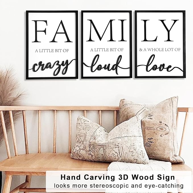 3D Wood Family Wall Decor, 36" x 16" Framed Family Sign Wall Art, 3D Pictures for Living Room (Ready to Hang, 12x16 inches, Set of 3, Framed)