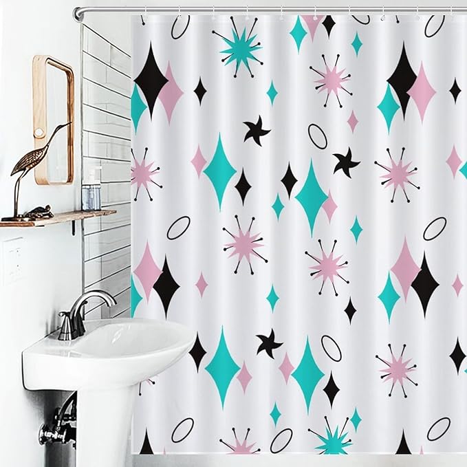 Mid Century Modern Shower Curtain for Bathroom, Rustic Pink Teal Atomic Iconic Abstract Geometric Retro 1950s 1960s Vintage Waterproof Fabric Shower Curtain Set with Hooks, 72"x84"