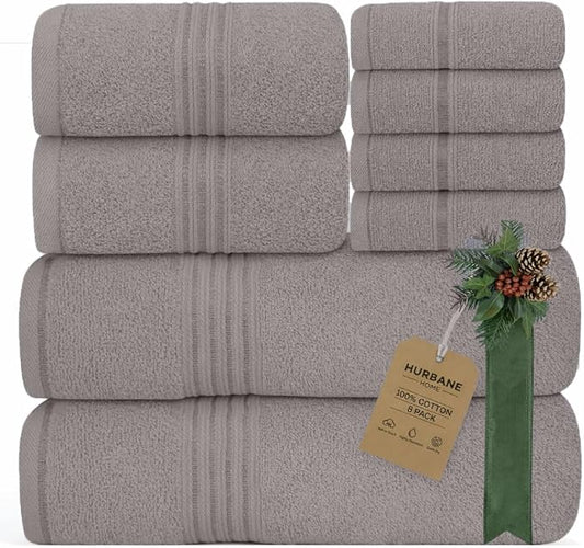 8 Piece Bath Towels for Bathroom - 100% Cotton, Soft Absorbent Bathroom Towels Set - 2 Extra Large Bath Towels, 2 Hand Towels & 4 Washcloths - Hotel Spa Thick Plush Towel, Silver Gray