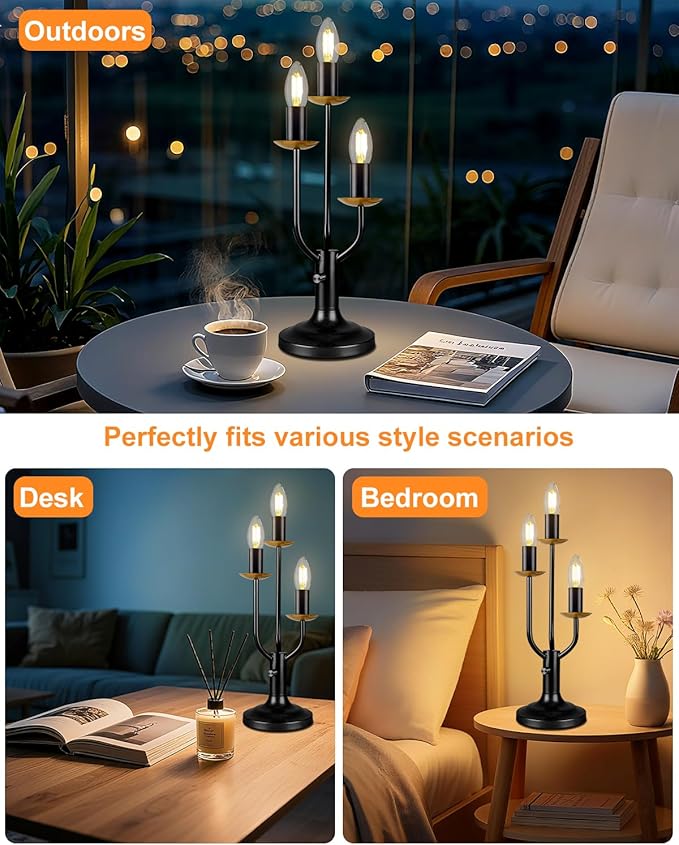 Lightdot Vintage Candle Table Lamp 3 - Light Candelabra Desk Lamp for Wedding/Party, 3000K Warm White Mid Century Nightstand Lamp Dimmable Bedside Lamps for Bedroom/Dining - Black