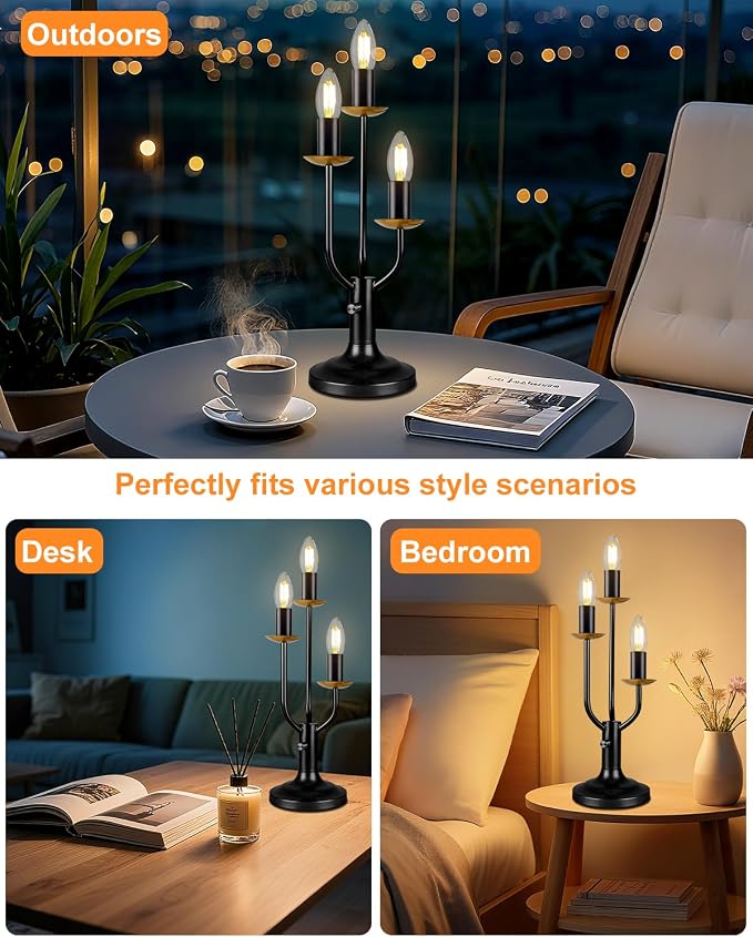 3-Light Dimmable Candelabra Table Lamp with LED Bulbs Included, Vintage Industrial Black Metal Desk Lamp, Retro Candle Nightstand Light for Bedroom, Living Room, Office, Cafe Decor