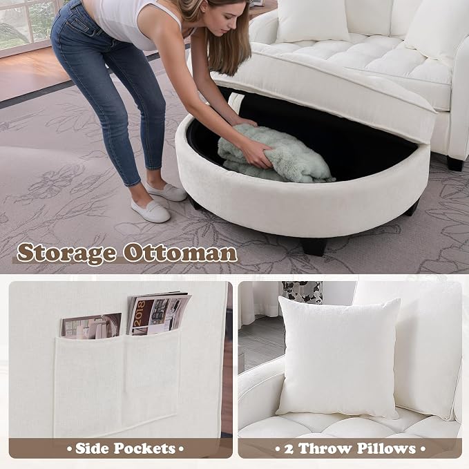 Oversized Chaise Lounge Chair Indoor with Ottoman, Chenille Tufted Comfy Loveseat Sofa Chair with Adjustable Backrest, Fluffy Recliner Sofa, Convertible Sleeper Couch Bed for Living Room(51"W, Beige)