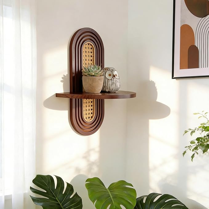 1pc Mid-Century Modern Wall Shelf - Arched Wood & Woven PE Rattan Boho Decorative Floating Shelf, Vintage Aesthetic Decor for Living Room, Bedroom, Kitchen & Home Office (Walnut)