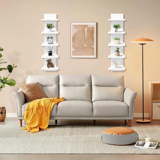 2 PCS 5 Tier Shelves for Wall, Decorative Wall Mounted Vertical Shelving Column Decor Mount Floating Storage Organizer Natural Finish Wall Shelf for Living Room, Bedroom, Bathroom