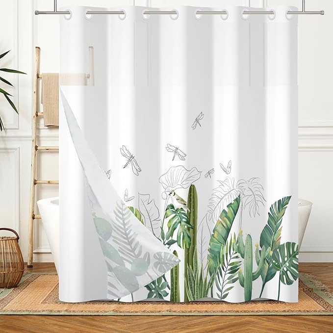 No Hook Shower Curtain with Snap in Fabric Liner Tropical Green Plant Shower Curtains for Bathroom Leaf Botanical Sage Green Shower Curtain Sets Waterproof Bathtub Curtain 71x74 Inch