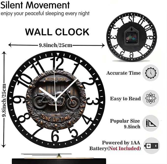 Metal Wall Clock for Living Room -10" Motorcycle Wall Decor Garage Art Vintage Bike Silent Non Ticking,Battery Operated, Antique Wood Clocks for Farmhouse,Dining Room,Bedroom,Kitchen Clock Wall Decor-