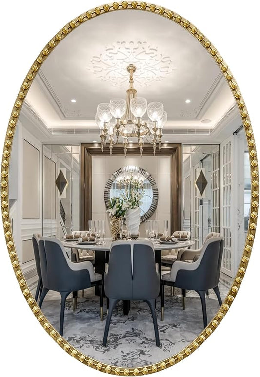 Gold Oval Bathroom Mirror, 24x32 Inch Floral Oval Mirrors for Wall, Antique Gold Metal Floral Frame Mirrors for Bedroom Living Room Hallway, Hangs Horizontally or Vertically