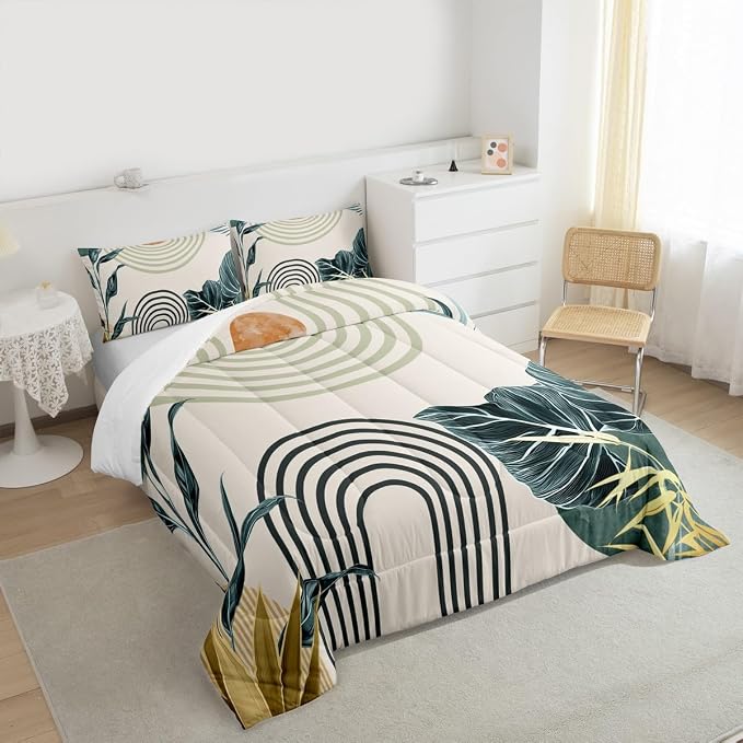 Erosebridal Mid Century Modern Toddler Comforter Set Boho Tropical Leaves Palm Leaf Bedding Set Retro Geometric Line Art Comforter for Kids Boys Girls Abstract Sun Aesthetic Arch Curve Quilt Duvet