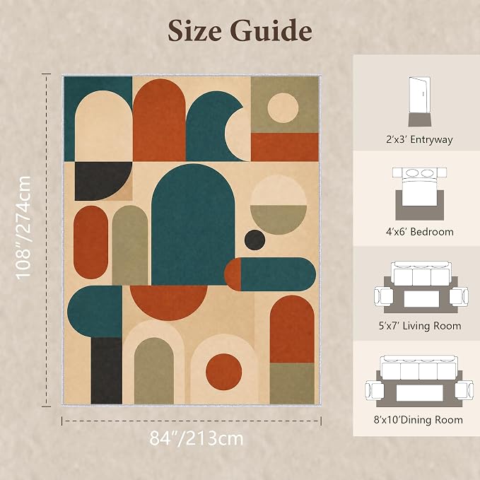 Teal Rust Area Rug 7x9, Mid Century Modern Mosaic Geometric Rug, Retro Abstract Color Block Washable Low Pile Non Slip Rug for Living Room Bedroom