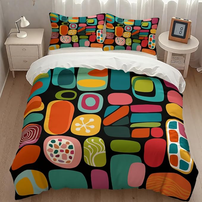 Modern Geometric Bedding Set,Retro Mid Century Colorful Diamond Abstract Geometric Vintage 60s 70s Pattern Comforter Set with Pillowcase for Bedroom Bed Decor，Twin 86"x70"