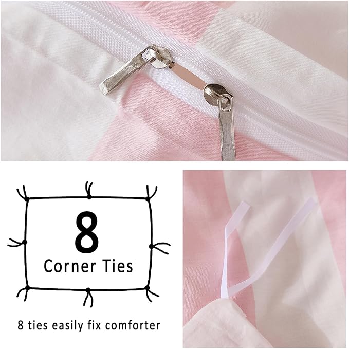 Merryword Pink and White Striped Duvet Cover Set Queen Size, 100% Cotton Bedding Set with Zipper Closure & 8 Corner Ties, Luxury Linen Like Bedding, Soft Breathable Comforter Cover for All Seasons