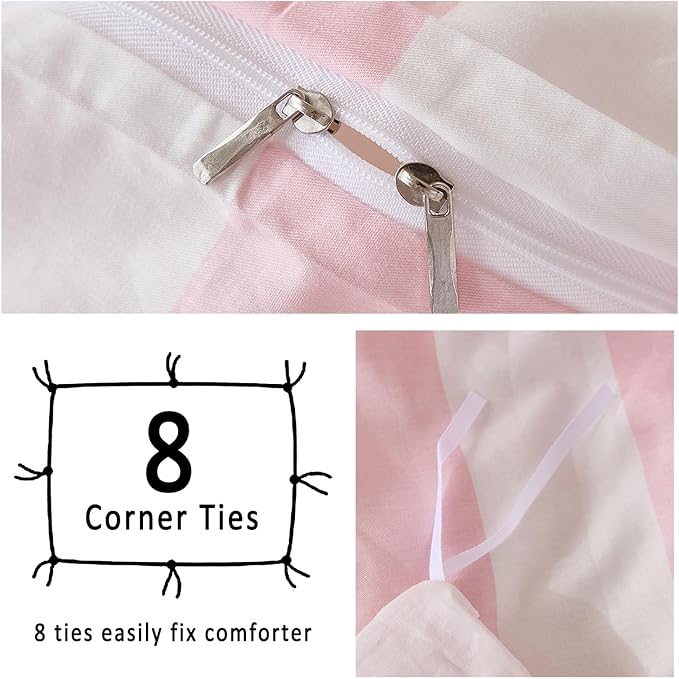 Merryword Pink and White Striped Duvet Cover Set King Size, 100% Cotton Bedding Set with Zipper Closure & 8 Corner Ties, Luxury Linen Like Bedding, Soft Breathable Comforter Cover for All Seasons