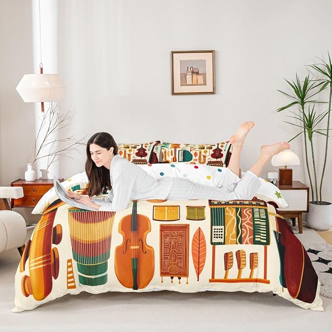 Erosebridal Retro Music Comforter Cover King for Kids Adults - Vintage Music Bedding Set Mid Century Musical Instruments Duvet Cover,Trendy Boho Jazz Instrument Bed Set