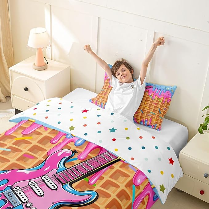 Erosebridal Guitar Music Toddler Comforter Cover for Girls - Blue Pink Ice Cream Drip Dessert Bedding Set Sweet Candy Duvet Cover,Summer Dessert Party Bed Set