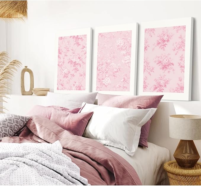 Pink Floral Wall Art Chinoiserie Flower Wall Decor Pictures Aesthetic Canvas Wall Art Love Shack Fancy Poster Vintage Floral Prints for Living Room Bedroom 12x16 Inch Framed Set of 3