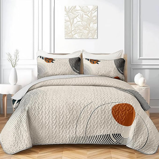 AILONEN Boho Mid Century Bedding Sets,Vintage Geometry Quilt Set King Size,Modern Minimalist Simplistic Bedspread Coverlet - Soft Lightweight 3Pcs 1 Quilt with 2 Pillowcases,Brown