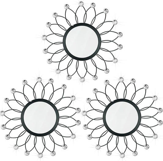 3 Pack Metal Mirrors for Wall Sunburst Wall Mirrors Home Décor Decorative Hanging Wall Art for Living Room Bedroom Entryway (Black Crystal, Flowers)