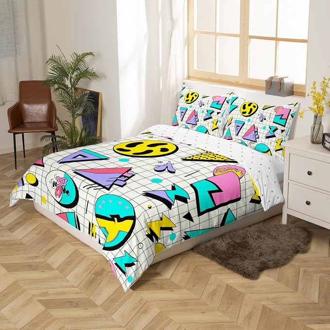 Memphis Style Duvet Cover Full Abstract Colorful Design with Dots Funky Bedding Set for Kids Child Girls Vintage Eighties Comforter Cover Memphis Fashion Bed Sets 80'S Style Retro 1980s Home Decor