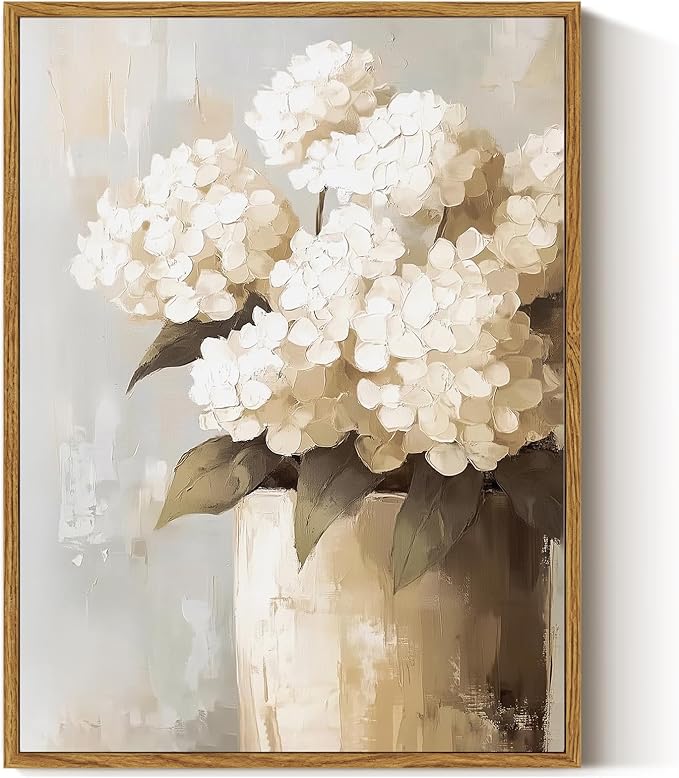 ARPEOTCY Vintage Framed Canvas Wall Art, Retro White Hydrangeas Wall Decor, Farmhouse Floral Painting Canvas Wall Art for Living Room, Bathroom, Bedroom Aesthetic(12 x 16 Inch)