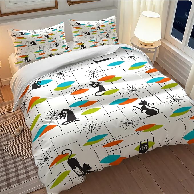 Mid Century Bedding Set,Retro Black Cat 1950s 1960s Abstract Atomic Colorful Geometric Pattern Modern Comforter Set with Pillowcase for Bedroom Bed Decor,Queen 90"x90"