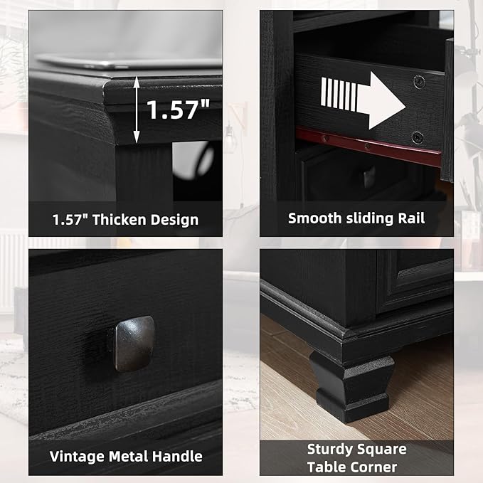 Farmhouse Nightstand Set of 2 with Charging Station, Rustic Black Nightstand with Drawers, Bedside Table with Open Shelf for Bedroom, Black
