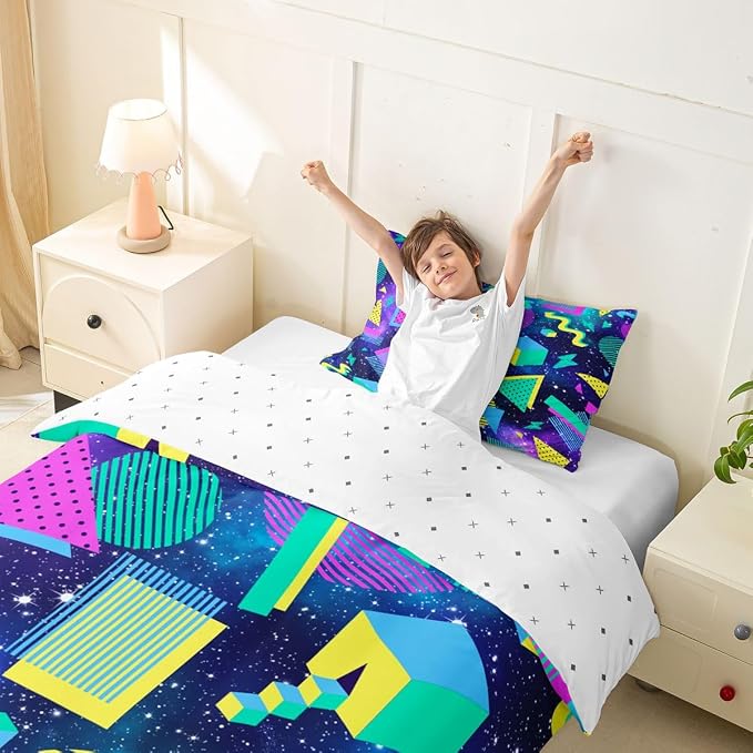 Retro 80s 90s Bedding Set Twin,Abstract Geometric Duvet Cover Urban Modern Circles And Triangle Comforter Cover Colorful Pop Art Inspired Pattern Quilt Cover Mens Hipster Hip-Hop Room Decor