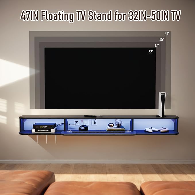 Floating TV Stand with LED Lights, 47'' Solid Wood Wall Mounted TV Cabinet with Glass Door, Mid-Century Entertainment Media Console Center Large Storage Shelf Under TV (47.24IN, Black)