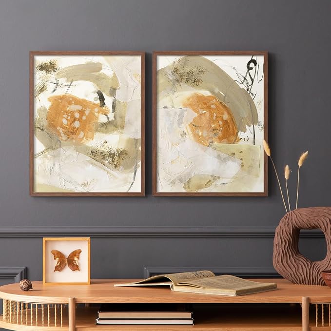 Renditions Gallery Set of 2 Peel & Stick Framed Prints, Neutral Abstract Wall Art, Earthy Tones Blended Brushstrokes Wall Decor, Re-Stickable - Ready to Hang - 16"x20" - Walnut Frame LT588