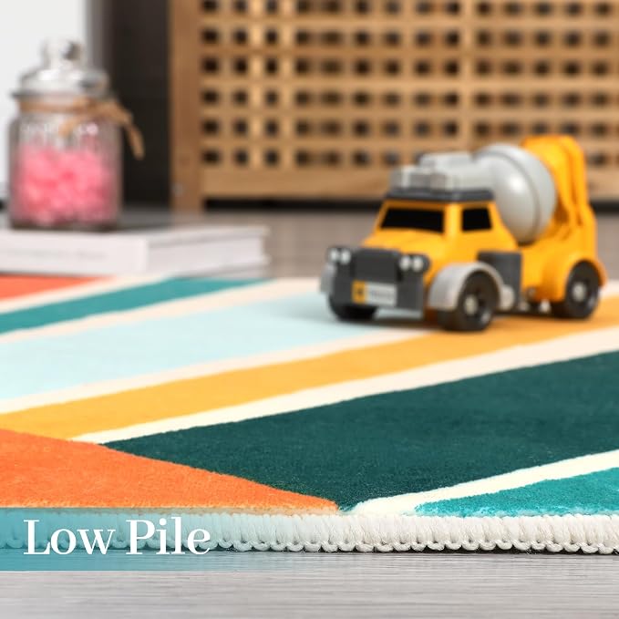 Garvee Sun Rug for Living Room, 4x6 Area Rugs Washable Non Slip Bedroom Carpet Ultra Thin Cute Soft Kids Nursery Rug, Rainbow Sun Print Non-Shedding Indoor Rugs for Entryway, Colorful Yellow Green