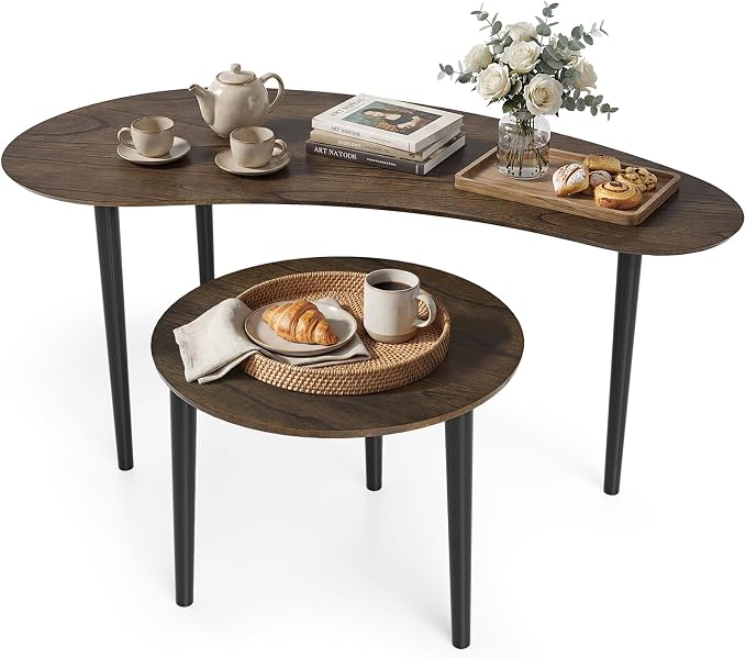 Giantex Nesting Tables Set of 2, Mid Century Modern Coffee Tables with Solid Wood Support Legs, Wood Side End Tables in Kidney & Round Shape for Living Room, Easy Assembly, Walnut