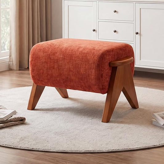 Linen Padded footstools Mid Century Modern Ottoman with Wood Frame, Lounge Upholstered Ottoman, Reading Chair, Sturdy Base, Suitable for Resting Your feet on a Lounge Chair Orange