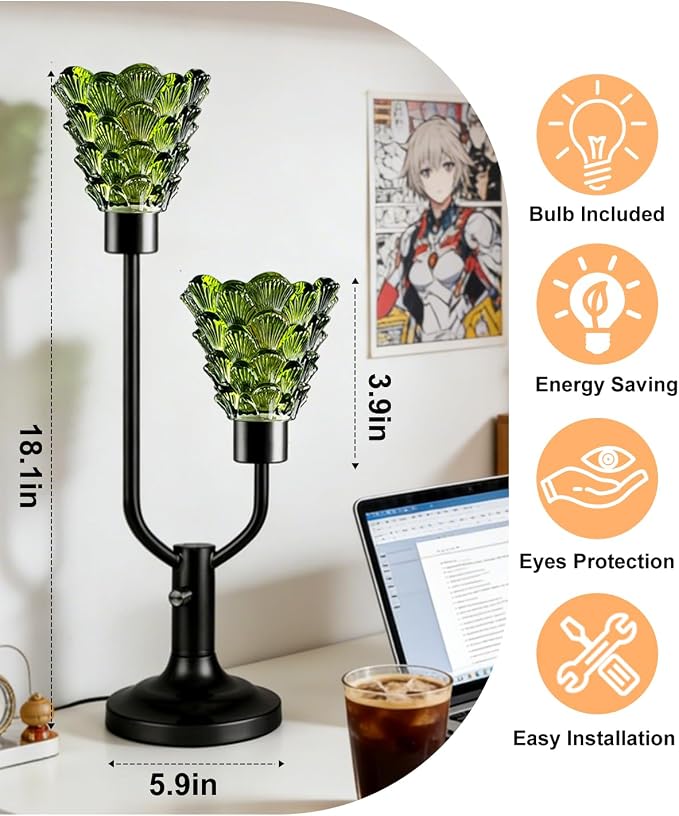 Lightdot Green Glass Table Lamp for Living Room Dimmable Mid Century Modern Vintage Desk Lamp Black Nightstand Lamp 2 Bulbs Included Warmwhite Ambient Bedside Lamp for Bedroom Home Office Decor Gift
