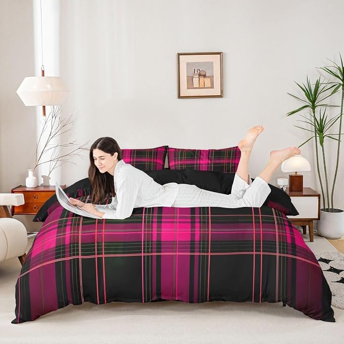Erosebridal Geometric Plaid Grid Comforter Cover Queen Modern Checkered Tartan Bedding Set for Kids Teens Vintage Pink Black Duvet Cover Farmhouse Cabin Decor Bedroom Decor, Zipper