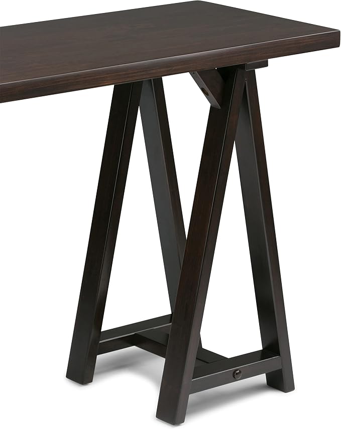 SIMPLIHOME Sawhorse Console Table - 50 Inch Wide Solid Wood Sofa Table in Dark Chestnut Brown, Modern Industrial Entryway Table for Living Room with Extra Thick Top and Sawhorse Legs