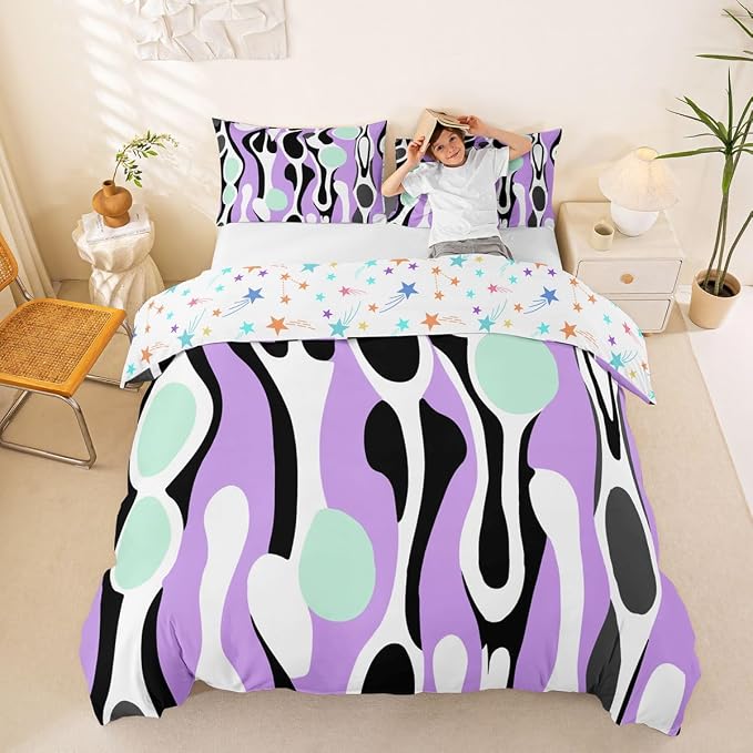 Erosebridal Organic Geometric Duvet Cover Set Modern Abstract King Bedding Set for Adult Men Retro Mid Century Comforter Cover Modern Fluid Art Irregular Circles Bed Sets,Lavender Mint Green