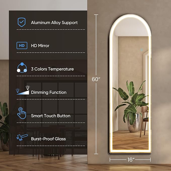 OLIXIS 16"x 60" Arched LED Full Length Mirror with Lights, Standing Lighted Floor Full Body Mirror with 3 Color Lighting, Wall Mounted Mirrors for Bedroom, Bathroom, Entryway with Tempered Glass