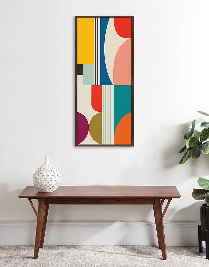 Kate and Laurel Sylvie Mid Century Modern Pattern Framed Canvas Wall Art by Rachel Lee of My Dream Wall, 18x40 Brown, Colorful Abstract Art Print for Home Wall Decor