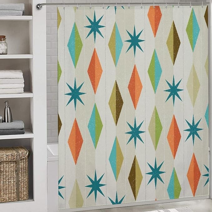 Mid Century Shower Curtain Modern Style Grunge Atomic Texture Pattern Duty Fabric Shower Curtains Set Bathroom Polyester Waterproof with 12 Hooks,72x72Inch（183x183cm）