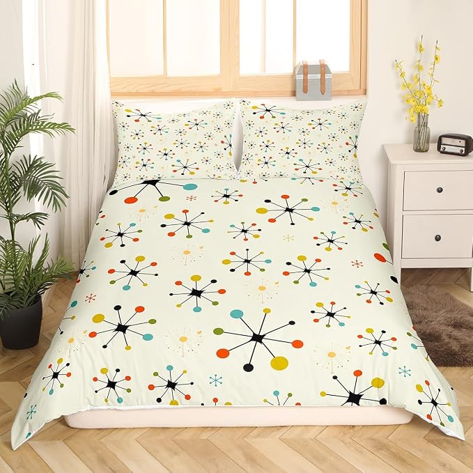 Erosebridal Modern Mid Century Comforter Cover Retro Atomic Bed Set, Rainbow Grid Duvet Cover Full Size Vintage Fifties 1950s Bedding Sets, Aesthetic Abstract Art Bedspread Cover Beige 3pcs